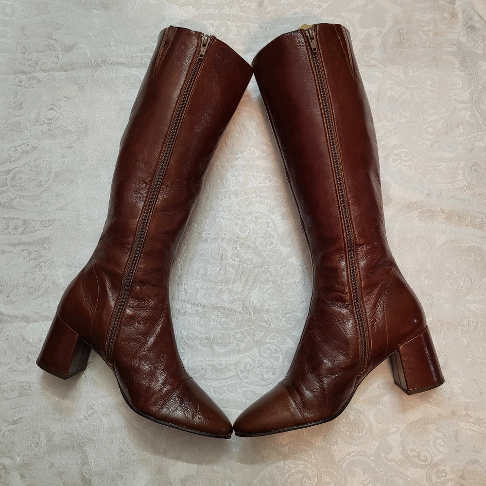 Women's Tall Brown Leather Heeled Boots - Picture 6 of 16